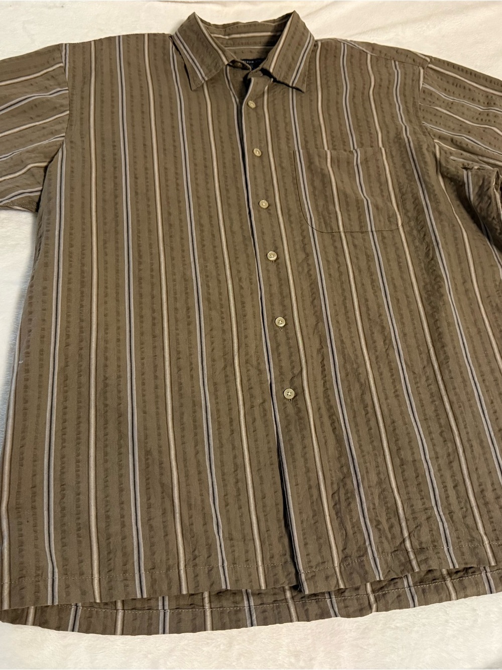 Van Heusen 16-16.5 Men’s L Olive Brown Stripe Short Sleeve Button-Down Shirt Y2K